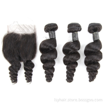 Cuticle Align Indian Spring Curl Loose Wave Bundles With Closure 100% Remy Human Hair 3 Bundles With 4*4 Lace Closure Free Part